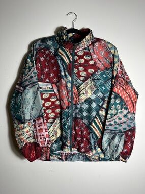 Vintage EVR 100%‎ Silk Windbreaker Jacket Womens L Patchwork 90s Full Zip Retro
